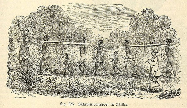 Gravura de 1890 representando a escravidão interna na África.