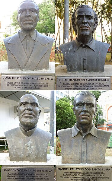 Colagem de fotos com o busto de alguns dos líderes da Conjuração Baiana (ou Revolta dos Alfaiates).