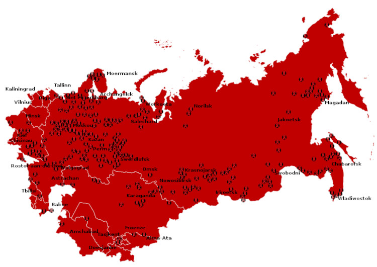 Mapa da URSS que mostra todos os campos do Gulag.