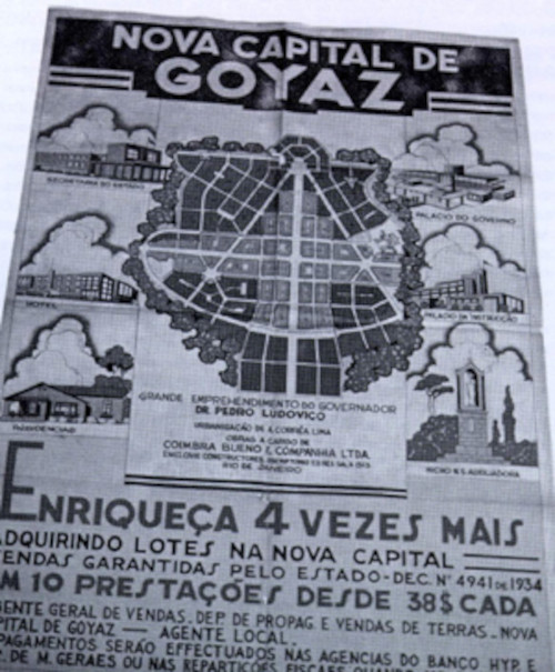 Cartaz estimulando a migração para Goiânia após a transferência da capital de Goiás, no início da história de Goiânia.