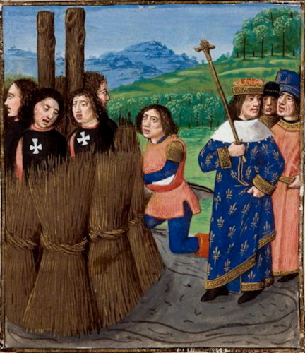 Ilustração dos Cavaleiros Templários na fogueira da Inquisição.