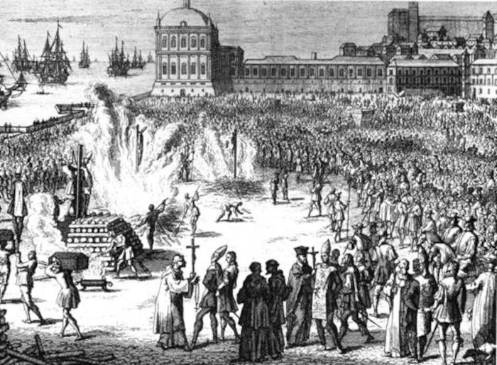 Gravura que retrata execuções praticadas pela Inquisição em Portugal.