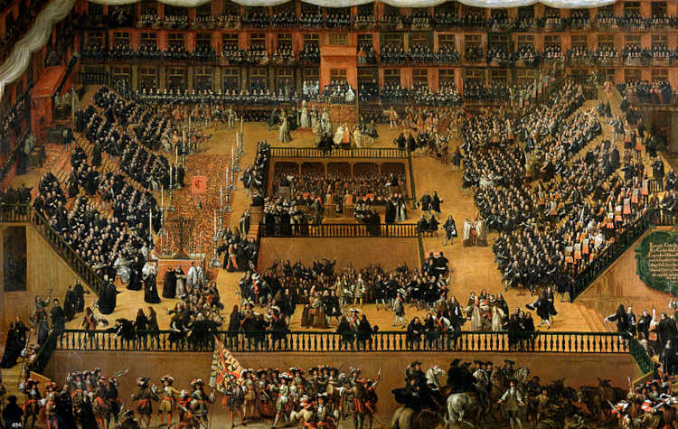 Pintura retratando um julgamento público feito pela Inquisição