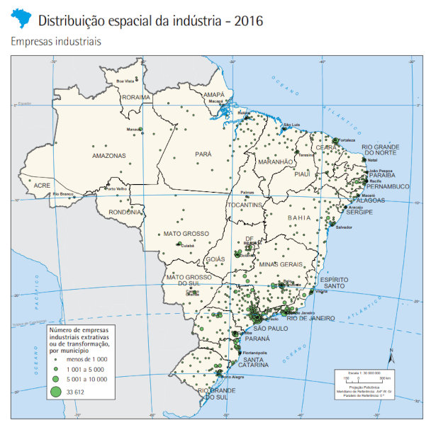 Mapa do IBGE da distribuição espacial da indústria no Brasil, que é alterada com a desconcentração industrial no país.