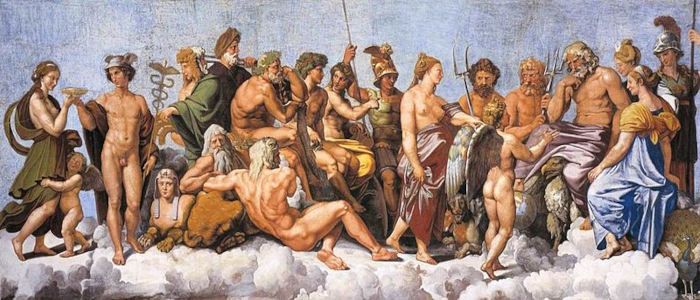“O concílio dos deuses”, obra de Raffaello. O politeísmo é a principal característica da religião na Grécia Antiga.