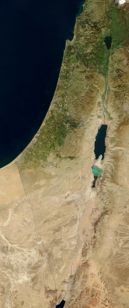 Palestina em imagem de satélite, região ligada aos conflitos decorrentes da criação do Estado de Israel.