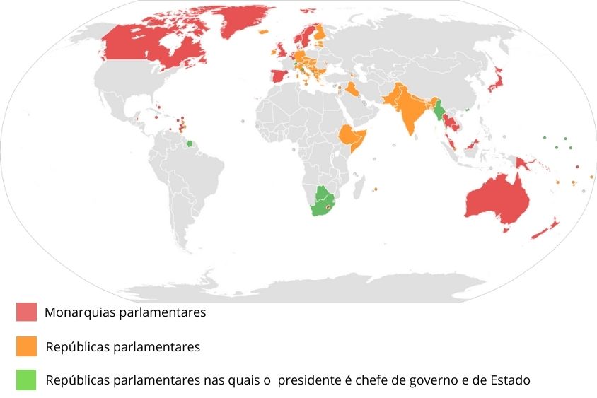 Mapa dos tipos de parlamentarismo nos países do globo, em 2021.