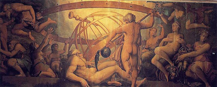 Pintura sobre mito de Cronos e Urano, presente na religião da Grécia Antiga.