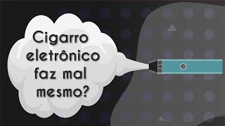 Escrito"Cigarro eletrônico faz mal mesmo?" sobre a fumaça presente em uma ilustração de cigarro eletrônico.