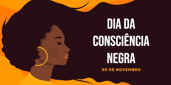 Ilustração traz mulher negra de cabelos longos e o texto: “Dia da Consciência Negra – 20 de novembro”.