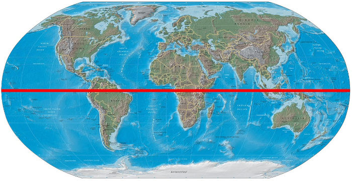 Mapa-múndi com a Linha do Equador destacada em vermelho.
