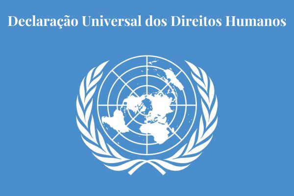 Símbolo da ONU com o título Declaração Universal dos Direitos Humanos.