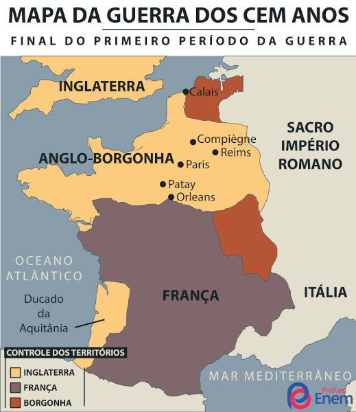 Mapa representando a Guerra dos Cem Anos no final do primeiro período da guerra.