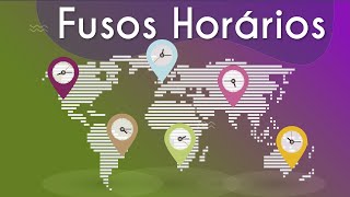 Escrito"Fusos Horários" acima da imagem de um mapa-múndi com a indicação de alguns dos fusos horários dos continentes da Terra.