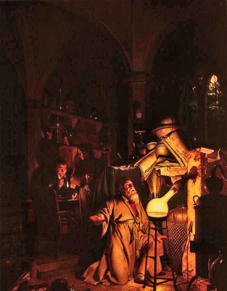 Pintura mostrando alquimistas utilizando um destilador, objeto usado nas práticas ligadas à alquimia e à Química.