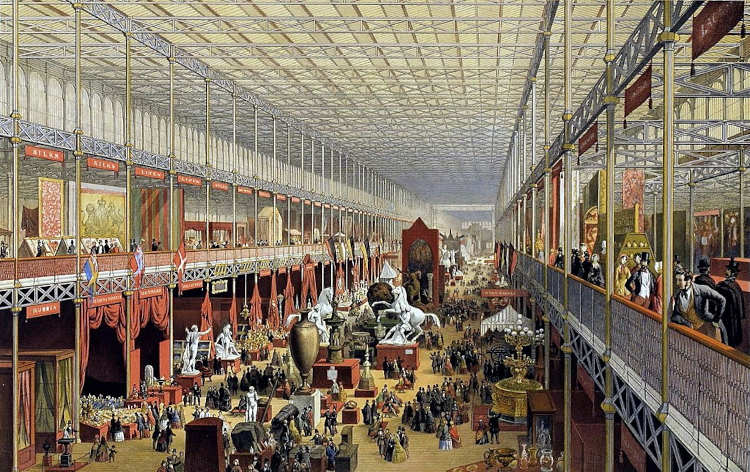 Gravura do interior do Palácio de Cristal durante a Grande Exposição. Os enormes vãos são típicos da Era Vitoriana.