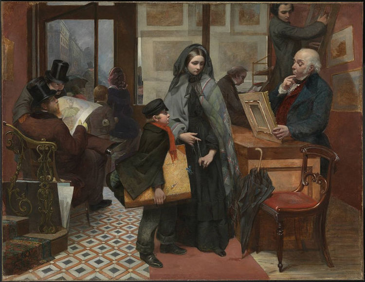 Mulher e criança vendendo quadro em pintura de Emily Maria Osborn, obra da Era Vitoriana.