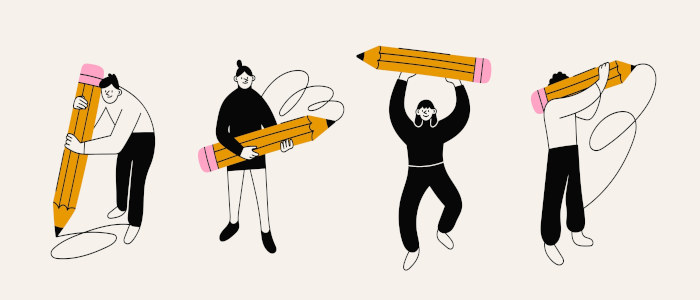 Ilustração de pessoas segurando lápis em alusão ao estudo das conjunções coordenadas em espanhol (conjunciones coordinantes).