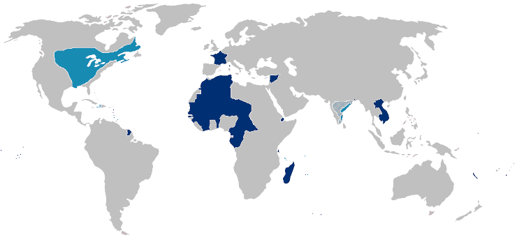 Mapa de territórios sob influência do imperialismo francês. 