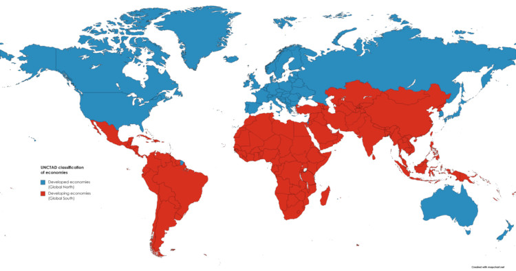 Mapa da divisão dos países do Norte e do Sul Global, resultado da nova ordem mundial.