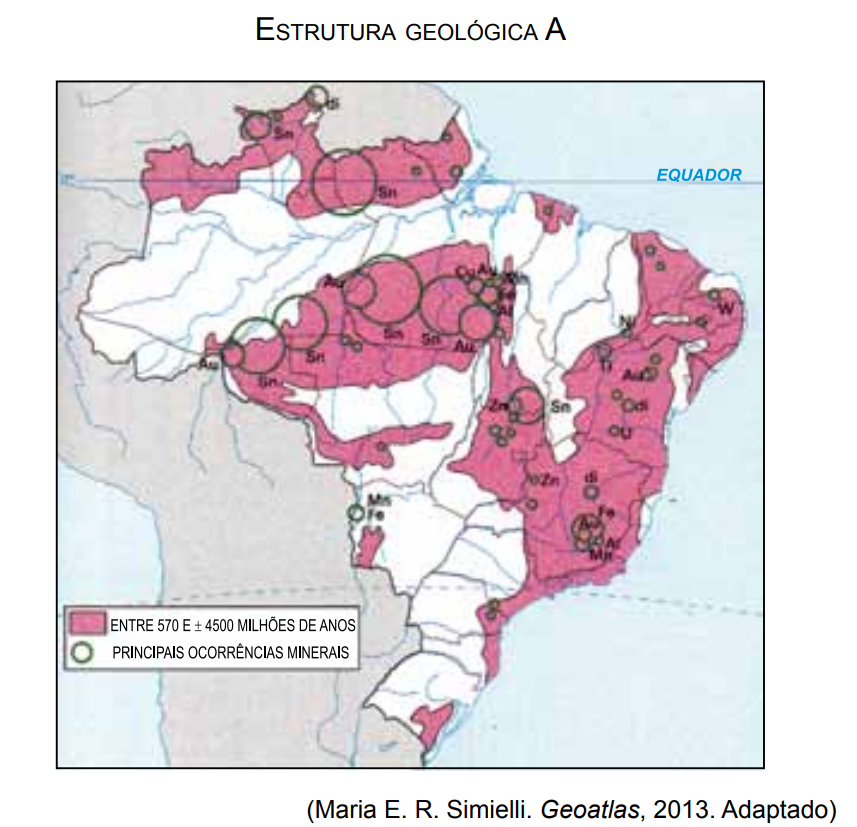 Mapa mostrando uma das grandes estruturas geológicas do Brasil (A) em uma questão da FGV sobre estruturas geológicas.