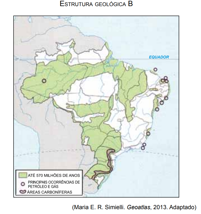 Mapa mostrando uma das grandes estruturas geológicas do Brasil (B) em uma questão da FGV sobre estruturas geológicas.