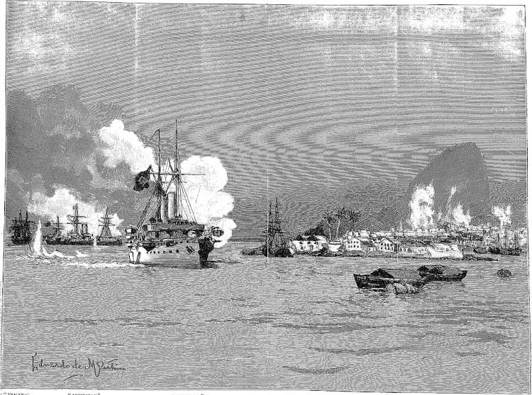 Gravura da batalha naval da Revolta da Armada na Baía de Guanabara.