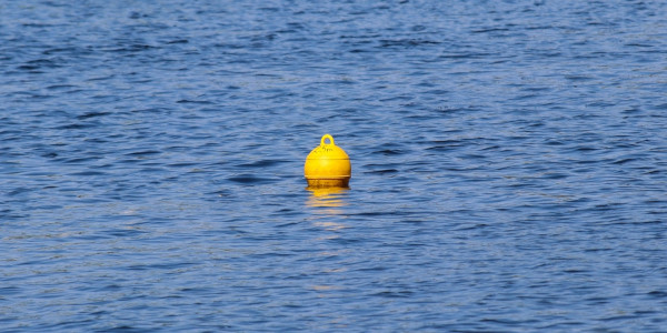 Bola flutuando na água, situação que ocorre devido à relação entre a força peso e a força empuxo, estudada na hidrostática.