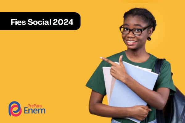Fundo amarelo, estudante negra aponta para o texto Fies Social 2024