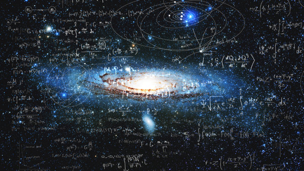 Fórmulas e galáxia em alusão aos estudos da Física.