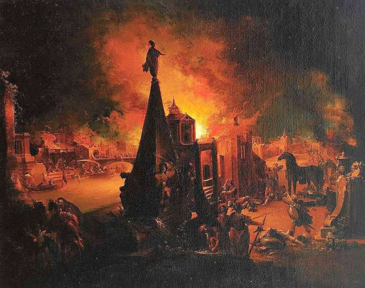 Leg/alt: Troia em chamas após a invasão dos gregos. 