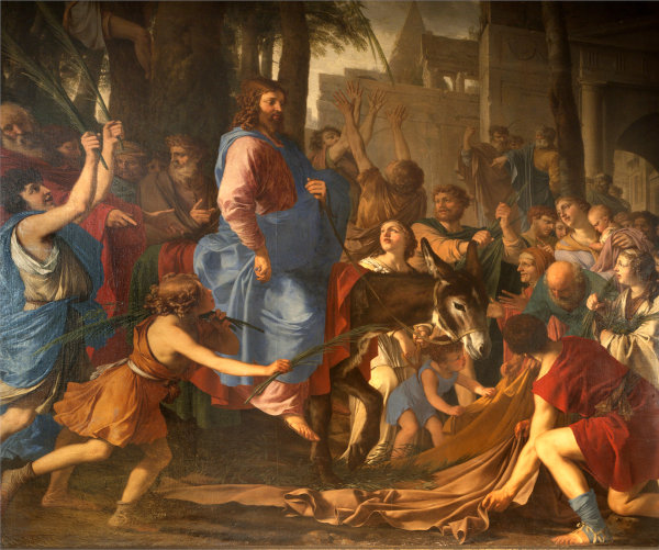Pintura representando Jesus Cristo entrando em Jerusalém em cima de um jumento.