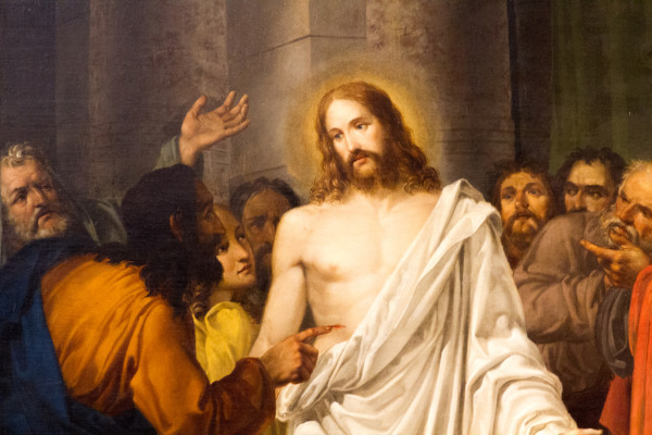 Pintura representando Jesus Cristo ressuscitado em torno de seus apóstolos, em alusão à Semana Santa.