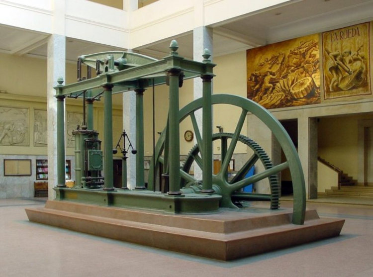 Máquina a vapor de James Watt em texto sobre pioneirismo inglês.