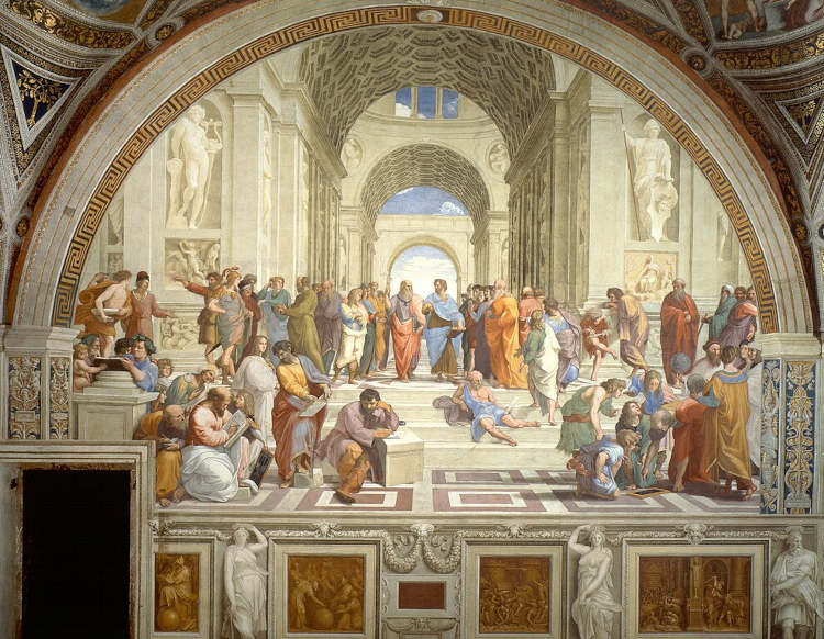 Reunião de filósofos da sociedade ateniense em pintura de Rafael Sanzio.