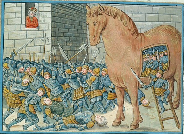 Soldados saindo de dentro do cavalo na Guerra de Troia.