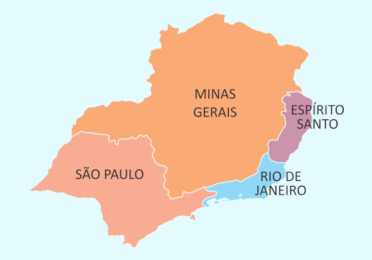 Mapa dos estados da região Sudeste do Brasil, uma parte dos estados do Brasil.