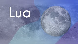 Título "Lua" escrito em fundo roxo ao lado da ilustração de uma lua cheia.