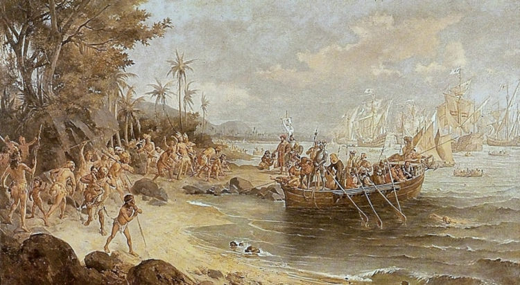 Pintura retratando o desembarque dos portugueses no Brasil, em texto sobre Brasil Colonial.