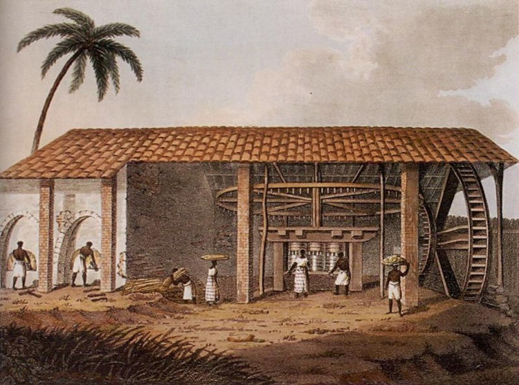 Pintura feita no final do Brasil Colônia representando um engenho de açúcar. 