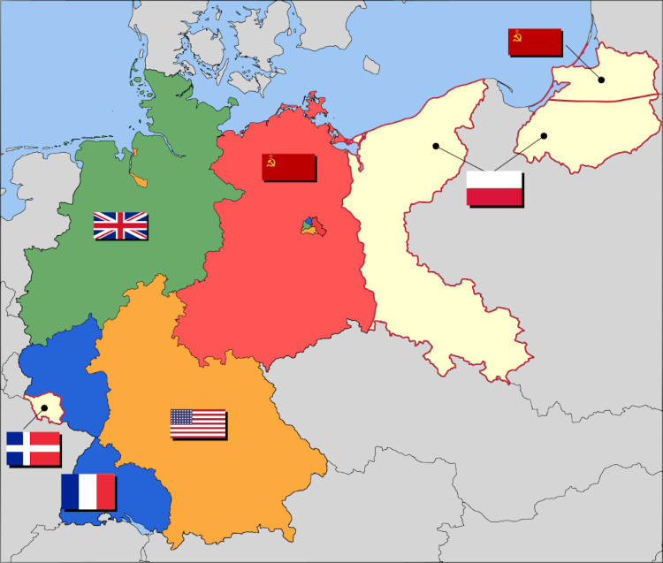 Mapa da Alemanha dividido após a Conferência de Potsdam.