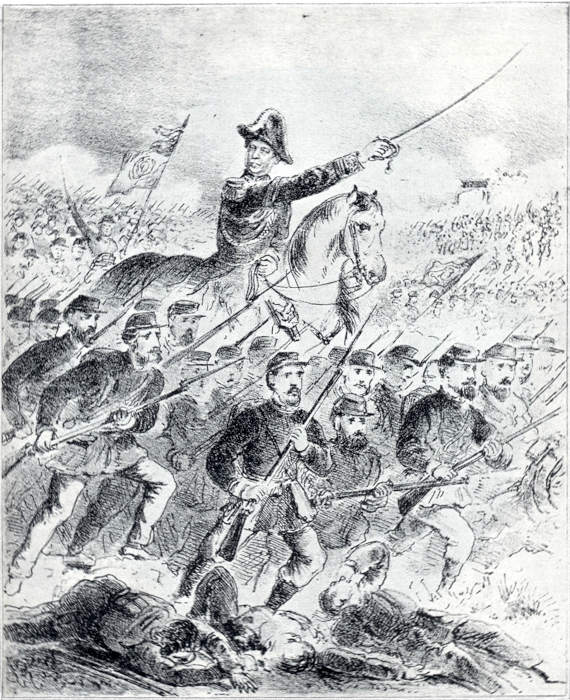 Ilustração de Duque de Caixas liderando as tropas no Paraguai, no contexto da Guerra do Paraguai.