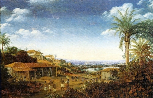 Engenho de açúcar da época do Brasil Colônia retratado em pintura.
