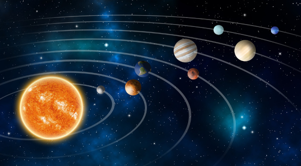 Imagem dos planetas do Sistema Solar, alusão às leis de Kepler.