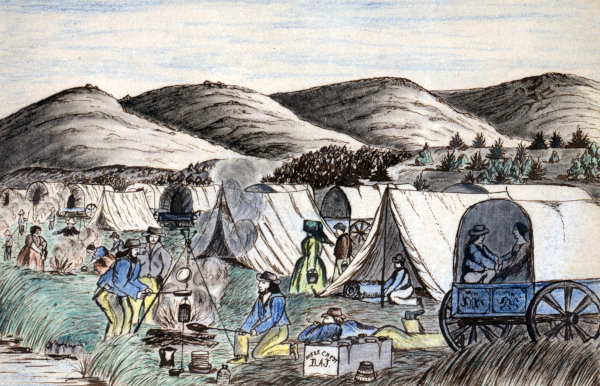 Pintura retratando imigrantes durante a Macha para o Oeste dos EUA.