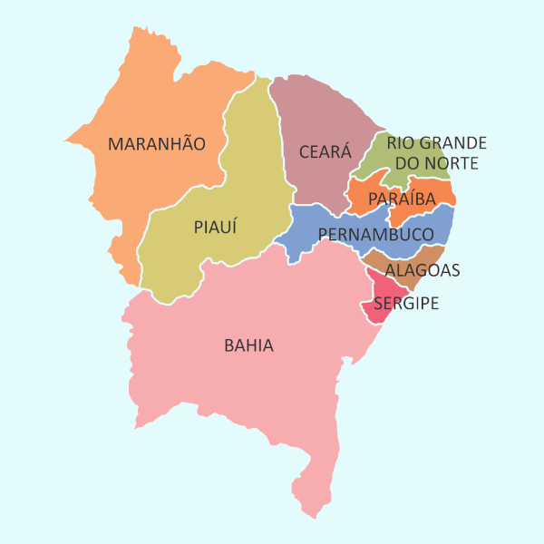 Mapa dos estados da região Nordeste, uma parte dos estados do Brasil.