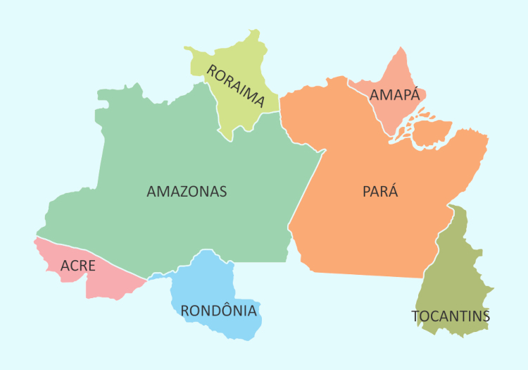 Mapa dos sete estados da região Norte, uma parte dos estados do Brasil.