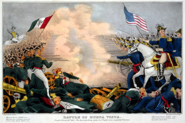 Pintura representando a guerra entre mexicanos e norte-americanos, uma das fases da Marcha para o Oeste dos EUA.