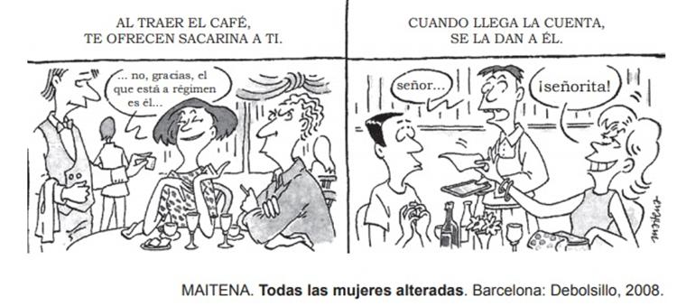 Personagens em restaurante, em tirinha sobre pronomes complemento em espanhol.