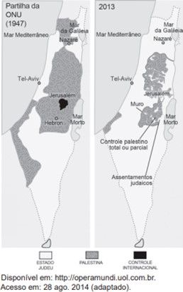 Mapa mostrando as fases de um conflito geopolítico em uma questão do Enem sobre geopolítica.